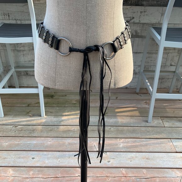 Black Leather Silver Metal Fringe Tassel Tie Boho Hippie Hip Belt - Picture 1 of 14